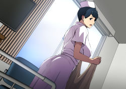 Rule 34 | 1girl, ass, bed sheet, black eyes, black hair, blush, breasts, chair, curtains, day, female focus, from below, greco roman (spiral brain), hands up, hat, highres, holding, holding sheet, indoors, large breasts, light blush, looking back, matching hair/eyes, nurse, nurse cap, open mouth, original, short hair, sideboob, solo, standing, television, uniform, window