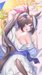 Rule 34 | 1girl, absurdres, animal ears, arm up, blue eyes, bow, brown hair, chinese commentary, commentary request, dakimakura (medium), from behind, hair between eyes, hair bow, highres, horse ears, horse girl, horse tail, long hair, looking at viewer, looking back, misheng liu yin, multicolored hair, open mouth, panties, pantyshot, pink bow, ponytail, purple shirt, sailor collar, school uniform, shirt, single bare shoulder, single off shoulder, skirt, smile, solo, streaked hair, tail, tokai teio (umamusume), tracen school uniform, two-tone hair, umamusume, underwear, upper body, white hair, white panties, white sailor collar, white skirt