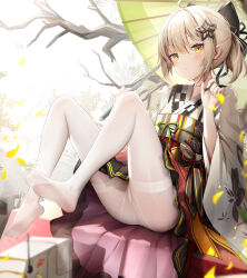 Rule 34 | 1girl, absurdres, ahoge, arknights, black bow, bow, closed mouth, grey hair, hair bow, hair ornament, highres, holding, holding umbrella, japanese clothes, kimono, lens (arknights), no shoes, nopetroto, official alternate costume, pantyhose, ponytail, scene (arknights), scene (betsushi) (arknights), short hair, soles, solo, star (symbol), star hair ornament, umbrella, white kimono, white pantyhose, wide sleeves, yellow eyes