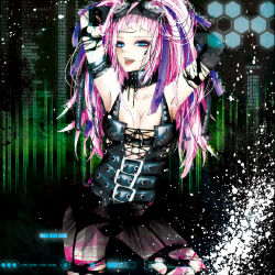Rule 34 | 1girl, alternate hairstyle, armpits, arms up, bare shoulders, belt, black thighhighs, blue eyes, breasts, cleavage, corset, elbow gloves, garter straps, gloves, goggles, goggles on head, long hair, makeup, megurine luka, open mouth, origa, pink hair, see-through, solo, thighhighs, tongue, torn clothes, twintails, vocaloid