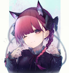 Rule 34 | 1girl, absurdres, animal ear fluff, animal ears, black bow, black dress, blue background, blunt bangs, blush, bow, braid, cat ears, claw pose, dress, extra ears, fingernails, frills, hair bow, hands up, highres, hito komoru, huge filesize, kaenbyou rin, light blush, long fingernails, long hair, long sleeves, nail polish, neck ribbon, one eye closed, red eyes, red hair, red nails, ribbon, solo, touhou, twin braids, twintails, upper body