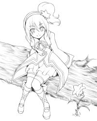 Rule 34 | 1girl, aino yumeri, alfa system, coat, flower, footwear ribbon, full body, greyscale, hair ornament, hairband, highres, kanonno grassvalley, leaf hair ornament, lily (flower), lineart, monochrome, shoes, side ponytail, sitting, skirt, smile, solo, tales of (series), tales of the world radiant mythology 3