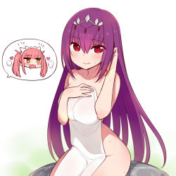 Rule 34 | !?, 2girls, blush, chan co, covering privates, fate/grand order, fate (series), hair between eyes, headpiece, heart, light smile, looking at viewer, medb (fate), medb (swimsuit saber) (fate), medb (swimsuit saber) (second ascension) (fate), multiple girls, naked towel, nude cover, open mouth, pink hair, red eyes, scathach (fate), scathach skadi (fate), side ponytail, simple background, spoken character, tiara, towel, twintails, white background