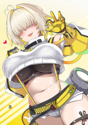 Rule 34 | 1girl, :3, ahoge, aoi manabu, bfg 9000, black sports bra, blonde hair, blush, breasts, clothing cutout, cowboy shot, crop top, crop top overhang, cropped sweater, dutch angle, elegg (nikke), exposed pocket, fang, from below, gloves, goddess of victory: nikke, grey shorts, hair intakes, hair over eyes, hands up, heart, heart ahoge, huge breasts, impossible clothes, long bangs, long sleeves, medium hair, midriff, multicolored clothes, multicolored gloves, multicolored hair, navel, open mouth, plump, shorts, shoulder cutout, simple background, smile, solo, sports bra, suspender shorts, suspenders, thigh strap, thighs, two-tone hair