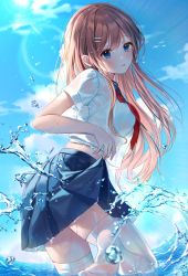 Rule 34 | 1girl, blonde hair, blue eyes, blue sailor collar, blue skirt, blush, clothes lift, cloud, hair ornament, hairclip, highres, long hair, looking at viewer, looking back, myowa, neckerchief, open mouth, original, outdoors, parted lips, pleated skirt, red neckerchief, sailor collar, school uniform, serafuku, shirt, short sleeves, skirt, skirt lift, sky, solo, standing, thighhighs, water, white shirt, white thighhighs