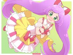 Rule 34 | 1girl, ahoge, blush, border, bow, covering breasts, covering privates, crossed arms, detached collar, detached sleeves, dress, embarrassed, green background, green eyes, hair bow, ikzw, long hair, looking at viewer, manaka laala, multicolored clothes, multicolored dress, nose blush, open mouth, pink bow, pink footwear, polka dot, polka dot background, pretty series, pripara, puffy detached sleeves, puffy sleeves, purple hair, shoes, short dress, sleeveless, sleeveless dress, solo, thighhighs, treble clef, twintails, very long hair, waist bow, white border, white sleeves, white thighhighs