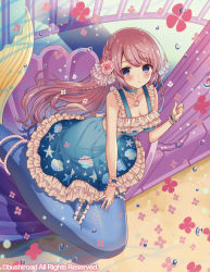 Rule 34 | 1girl, :o, bare shoulders, blue choker, blue dress, blush, breasts, brown hair, cardfight!! vanguard, character request, choker, cleavage, collarbone, commentary request, copyright name, dress, flower, frilled choker, frilled dress, frills, hair flower, hair ornament, jewelry, long hair, looking at viewer, medium breasts, mermaid, monster girl, necklace, parted lips, pink flower, pink rose, purple eyes, rose, shell, shell necklace, sleeveless, sleeveless dress, solo, very long hair, wrist cuffs, yuuki rika