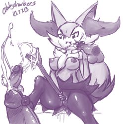 Rule 34 | 1girl, animal ears, braixen, breasts, cubbychambers, cum, disembodied penis, ejaculation, erection, fangs, footjob, fox ears, fox tail, furry, gen 6 pokemon, hand up, highres, large breasts, leg lift, looking down, masturbation, monochrome, multiple penises, nipples, object insertion, penis, pokemon, pokemon (creature), pokemon xy, pussy, pussy juice, simple background, sitting, sketch, spread legs, stick, tail, teeth, testicles, uncensored, vaginal object insertion, white background