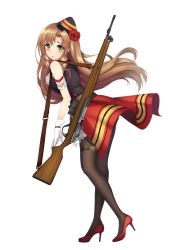 Rule 34 | 1girl, armband, bison cangshu, blush, brown hair, drill hair, drill sidelocks, fn-49, fn-49 (girls&#039; frontline), full body, girls&#039; frontline, gloves, green eyes, gun, hat, high heels, highres, long hair, looking at viewer, official art, open mouth, pantyhose, rifle, scope, sidelocks, skirt, solo, tears, thigh strap, transparent background, weapon