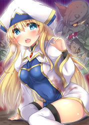 Rule 34 | 1girl, batten, blonde hair, blue eyes, blush, breasts, colored skin, covered navel, goblin, goblin slayer!, green skin, imminent rape, long hair, medium breasts, monster, multicolored clothes, multicolored headwear, open mouth, pointy ears, priestess, priestess (goblin slayer!), robe, scared, shiny skin, solo focus, tearing up, thighhighs, white thighhighs
