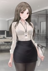 Rule 34 | 1girl, black bra, blush, bra, bra visible through clothes, brown eyes, brown hair, brown pantyhose, chowbie, clipboard, fingernails, highres, holding, holding clipboard, id card, long hair, looking at viewer, miniskirt, office lady, original, pantyhose, parted bangs, pencil skirt, see-through, shirt tucked in, sidelocks, skirt, smile, solo, table, thighs, underwear