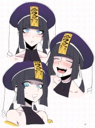 Rule 34 | 1girl, :d, bare shoulders, black hair, blue eyes, blunt bangs, drooling, expressions, fang, hat, highres, j.k., jiangshi, looking at viewer, mei-mei (j.k.), multiple views, ofuda, ofuda on clothes, open mouth, original, page number, parted lips, purple headwear, saliva, saliva trail, shaded face, simple background, smile, twintails, white background