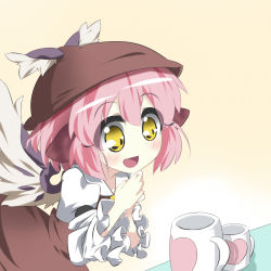 Rule 34 | 1girl, animal ears, bad id, bad pixiv id, blush, cup, female focus, gradient background, hat, heart, highres, leaning forward, mug, mystia lorelei, open mouth, pink hair, short hair, solo, touhou, urimono, wings, yellow eyes