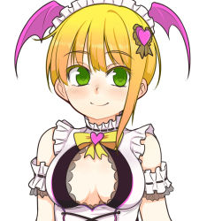 Rule 34 | 10s, 1girl, arm garter, blonde hair, blush, bow, center opening, frills, green eyes, hair ornament, head wings, heart, highres, idolmaster, idolmaster cinderella girls, idolmaster cinderella girls starlight stage, maid headdress, miyamoto frederica, oza watto, short hair, smile, solo, upper body, wings