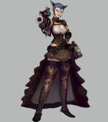Rule 34 | 1girl, animal ears, belt, blue hair, boots, breasts, cat ears, cat tail, cleavage, cleavage cutout, clothing cutout, commission, facial mark, final fantasy, final fantasy xiv, foreshortening, full body, grey background, gun, hand on own hip, highres, holding, holding gun, holding weapon, looking at viewer, machinist (final fantasy), medium breasts, miqo&#039;te, multicolored hair, short hair, skirt, solo, standing, streaked hair, tail, thigh boots, thighhighs, thighhighs under boots, vincent andrada, weapon, whisker markings
