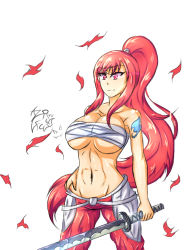 Rule 34 | 1girl, breasts, cleavage, erza scarlet, fairy tail, large breasts, long hair, midriff, navel, ponytail, red hair, sword, tattoo, underboob, weapon