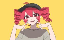 Rule 34 | + +, 1girl, ahoge, baseball cap, blush stickers, drill hair, grey hat, grey shirt, hair between eyes, hat, highres, kasane teto, looking at viewer, official art, open mouth, override (synthesizer v), pointing, pointing at self, red eyes, red hair, shirt, shishia, simple background, solo, synthesizer v, twin drills, upper body, yellow background