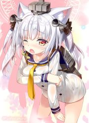 Rule 34 | 1girl, animal ears, azur lane, blush, breasts, cat ears, collarbone, cosplay, cowboy shot, eyelashes, fang, fujima takuya, hair between eyes, hair ornament, hair ribbon, historical name connection, kantai collection, legs apart, long hair, name connection, necktie, open mouth, ribbon, see-through, silver hair, solo, standing, tears, twintails, twitter username, wet, yellow necktie, yukikaze (azur lane), yukikaze (kancolle), yukikaze (kancolle) (cosplay)