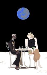 Rule 34 | 2boys, akira kira, barefoot, black robe, black shirt, black sky, blonde hair, board game, brown pants, cassock, chair, chess, chess piece, chessboard, closed eyes, commentary, crossed wrists, dark-skinned male, dark skin, dio brando, earth (planet), english commentary, enrico pucci, from side, green nails, hands on lap, highres, jojo no kimyou na bouken, long sleeves, looking at another, male focus, multiple boys, no mouth, on chair, on moon, pants, planet, playing chess, priest, profile, puffy pants, robe, shirt, short hair, shoulder tattoo, sky, sleeveless, sleeveless shirt, space, stone ocean, table, tattoo, very dark skin, very short hair, white hair, wide shot