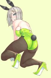 Rule 34 | 10s, 1girl, alternate costume, animal ears, arm support, ass, bare back, bare shoulders, blue eyes, breasts, covered erect nipples, fake animal ears, flat ass, full body, gloves, hair ornament, hair over one eye, hairclip, hamakaze (kancolle), high heels, kantai collection, kneeling, large breasts, leotard, one eye covered, pantyhose, playboy bunny, rabbit ears, rabbit tail, short hair, sideboob, silver hair, simple background, solo, tail, yellow background, yuuji (and)