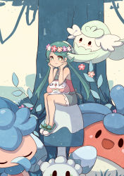 Rule 34 | aaaabo, bounsweet, closed eyes, comfey, creatures (company), flower, fomantis, game freak, gen 7 pokemon, grass, green eyes, green footwear, green hair, highres, leaf, long hair, looking at viewer, mallow (pokemon), morelull, nintendo, orange flower, overalls, pink flower, plant, pokemon, pokemon (creature), pokemon sm, red flower, rowlet, shoes, sitting, sleeveless, smile, trial captain, twintails, very long hair, white flower, wreath