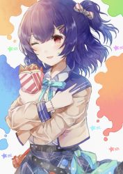 Rule 34 | 1girl, absurdres, bad id, bad twitter id, blush, bobby pin, bow, food, hair bow, highres, ice cream, ice cream cone, idolmaster, idolmaster shiny colors, jacket, medium hair, morino rinze, namamake, one eye closed, open mouth, ponytail, purple hair, red eyes, sidelocks, skirt, solo, standing