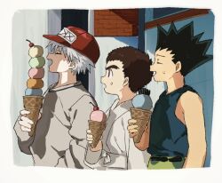 Rule 34 | 3boys, blue tank top, border, character request, child, dougi, food, gon freecss, holding, holding food, hunter x hunter, ice cream, karate gi, killua zoldyck, long sleeves, male focus, morning, multiple boys, open mouth, outdoors, qn ui3, red headwear, tank top, teeth, upper body, upper teeth only, white border, white hair