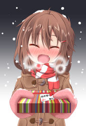 Rule 34 | 10s, 1girl, ^ ^, ahoge, blush, brown hair, closed eyes, fang, gift, hair ornament, hairclip, heavy breathing, ikazuchi (kancolle), jacket, kantai collection, mittens, open mouth, scarf, short hair, smile, snowing, solo, striped clothes, striped scarf, tsunsuki (naobe009)