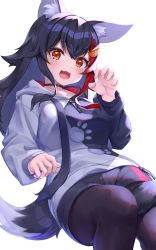 Rule 34 | 1girl, animal ears, black hair, black pantyhose, deaver, highres, hololive, jacket, long hair, long sleeves, looking at viewer, multicolored hair, ookami mio, ookami mio (casual), open mouth, pantyhose, red eyes, red hair, simple background, solo, streaked hair, tail, tail wrap, virtual youtuber, white background, wolf ears, wolf tail