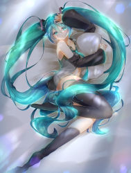 Rule 34 | 1girl, absurdres, aqua eyes, aqua hair, aqua necktie, bare shoulders, bed, black sleeves, black thighhighs, blurry, bokeh, commentary, depth of field, detached sleeves, from above, full body, grey shirt, hair ornament, half-closed eyes, hand on own head, hand up, hatsune miku, highres, hugging object, long hair, looking at viewer, making-of available, midriff, navel, necktie, open clothes, open shirt, panties, parted lips, pillow, pillow hug, rentama1219, shirt, sleeveless, sleeveless shirt, solo, striped clothes, striped panties, thighhighs, twintails, underwear, very long hair, vocaloid