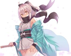 Rule 34 | 1girl, ahoge, bare shoulders, black bow, black scarf, blush, bow, breasts, covered mouth, cowboy shot, fate (series), hair between eyes, hair bow, half updo, jacket, japanese clothes, kanikou, kimono, koha-ace, long sleeves, looking at viewer, off shoulder, okita souji (fate), okita souji (koha-ace), open clothes, open jacket, petals, pink hair, ponytail, sash, scarf, sheath, sheathed, shinsengumi, short hair, short kimono, sideboob, sleeveless, sleeveless kimono, small breasts, solo, standing, sword, thighs, weapon, white bow, wide sleeves, yellow eyes