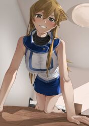 Rule 34 | 1girl, all fours, barefoot, bed, bedroom, blonde hair, breasts, duel academy uniform (yu-gi-oh! gx), foreshortening, from below, grin, hair between eyes, highres, large breasts, long hair, looking at viewer, rourou ill, skirt, sleeveless, smile, solo, tenjouin asuka, yellow eyes, yu-gi-oh!, yu-gi-oh! gx