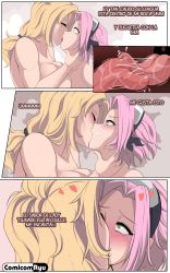 Rule 34 | 2girls, absurdres, age difference, alternate breast size, alternate hairstyle, blonde hair, breasts, brown hair, comic, comicom-ryu, curvy, facial mark, forehead mark, french kiss, green eyes, haruno sakura, highres, huge breasts, kiss, multiple girls, naruto, naruto (series), naruto shippuuden, older woman and younger girl, pink hair, saliva, short hair, spanish text, steam, teacher and student, tongue, french kiss, tongue out, tsunade (naruto), wide hips, yuri