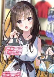 Rule 34 | 1girl, absurdres, bare shoulders, bikini, blurry, blurry background, blush, brown eyes, brown hair, buttons, clothes hanger, collarbone, collared dress, commentary request, dress, floral print, hand up, head tilt, highres, holding, holding clothes hanger, hominotsu, indoors, long hair, open mouth, original, pink bikini, sleeveless, sleeveless dress, solo, swimsuit, two-tone dress, unworn bikini, unworn swimsuit, white dress