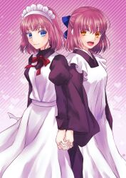 Rule 34 | 2girls, apron, blue eyes, breasts, commentary request, heart, heart background, highres, hisui (tsukihime), holding hands, interlocked fingers, juliet sleeves, kappougi, kohaku (tsukihime), lo lis, long sleeves, maid, maid headdress, medium breasts, medium hair, multiple girls, open mouth, orange eyes, pink hair, puffy sleeves, siblings, sisters, smile, striped, striped background, tsukihime, white apron, wide sleeves