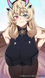 Rule 34 | 1girl, bare shoulders, biceps, black dress, blonde hair, blue eyes, breasts, brown pantyhose, dress, barghest (fate), barghest (second ascension) (fate), fate/grand order, fate (series), heterochromia, highres, hinghoi, horns, jewelry, large breasts, leaning forward, long hair, looking at viewer, muscular, muscular female, necklace, pantyhose, red eyes, smile, solo, thighs