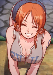 Rule 34 | 1girl, aosora2823, artist name, ass, bent over, breasts, cleavage, closed eyes, female focus, from above, grin, head tilt, highres, large breasts, looking at viewer, nami (one piece), one piece, orange hair, short hair, smile, solo, tattoo