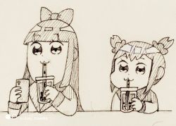 Rule 34 | 2girls, :3, bkub (style), blueberry tea, blunt bangs, bow, bubble tea, cellphone, closed mouth, cup, disposable cup, drink, drinking, drinking straw, english text, female focus, flat chest, greyscale, hair bow, hand up, hands up, highres, hime cut, holding, holding phone, long hair, long sleeves, monochrome, multiple girls, phone, pipimi, poptepipic, popuko, sailor collar, school uniform, serafuku, sidelocks, simple background, sitting, sketch, traditional media, upper body, watermark, white background