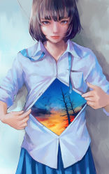 Rule 34 | 1girl, bird, blue ribbon, blue skirt, breast pocket, brown eyes, brown hair, closed mouth, collared shirt, commentary, double exposure, english commentary, highres, looking at viewer, neck ribbon, original, partially unbuttoned, pleated skirt, pocket, ribbon, shirt, short hair, short sleeves, skirt, solo, sunset, tree, undone neck ribbon, upper body, wataboku, white shirt