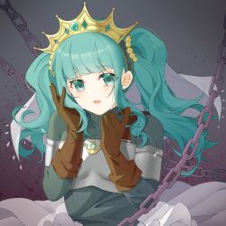 Rule 34 | 1girl, aqua gemstone, aqua hair, aqua sweater, armor, beads, blunt bangs, blush, breastplate, brown gloves, chain, crown, crying, dot nose, fold-over gloves, futaba sana, gloves, grey background, hair beads, hair ornament, hair scrunchie, hands on own face, hands up, highres, jewelry, jiumenglengcp, long sleeves, looking at viewer, magia record: mahou shoujo madoka magica gaiden, magical girl, mahou shoujo madoka magica, medium hair, necklace, parted lips, scrunchie, sidelocks, skirt, solo, sweater, turtleneck, turtleneck sweater, twintails, upper body, veil, wavy hair, white skirt