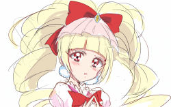 Rule 34 | 1girl, aisaki emiru, blonde hair, blush, bow, closed mouth, commentary request, cure macherie, fingers together, hair bow, hands up, haru (nature life), hugtto! precure, index fingers together, long hair, looking at viewer, precure, puffy sleeves, red bow, red eyes, sidelocks, simple background, sketch, solo, twintails, upper body, white background