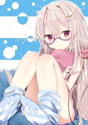 Rule 34 | 1girl, :o, abe suke, absurdres, bare arms, bare shoulders, camisole, commentary request, feet, floral print, glasses, glint, hair between eyes, hair ears, hair ornament, hair scrunchie, hairclip, head tilt, highres, hugging object, light brown hair, long hair, loose socks, no shoes, original, parted lips, pillow, pillow hug, pink camisole, pink scrunchie, purple-framed eyewear, purple shorts, red eyes, scrunchie, semi-rimless eyewear, short shorts, shorts, sitting, socks, soles, solo, strap slip, striped clothes, striped socks, under-rim eyewear, very long hair