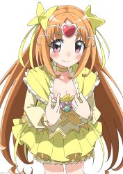 Rule 34 | 1girl, absurdres, bad id, bad pixiv id, blush, bow, choker, commentary request, commission, cure muse (yellow), cynical (llcbluckg c004), frills, hair bow, highres, long hair, magical girl, orange hair, parted bangs, pink eyes, precure, shirabe ako, skeb commission, solo, suite precure, yellow bow, yellow choker