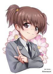 Rule 34 | 10s, 1girl, alisa (girls und panzer), blazer, brown eyes, brown hair, closed mouth, commentary, cropped torso, crossed arms, dated, dress shirt, emblem, floral background, freckles, girls und panzer, grey jacket, hair ornament, highres, jacket, long sleeves, looking at viewer, necktie, one-hour drawing challenge, pointing, pointing up, saunders (emblem), saunders school uniform, school uniform, shiina excel, shirt, short hair, short twintails, smile, smug, solo, star (symbol), star hair ornament, twintails, twitter username, upper body, white background, white shirt