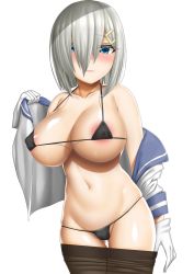 Rule 34 | 1girl, abukobato, areola slip, black panties, black pantyhose, blue eyes, blush, breasts, clothes pull, covered erect nipples, full-face blush, gloves, gluteal fold, grey hair, hair ornament, hairclip, hamakaze (kancolle), highres, kantai collection, large breasts, lowleg, lowleg panties, panties, pantyhose, pantyhose pull, unworn shirt, short hair, solo, string panties, underwear, white gloves