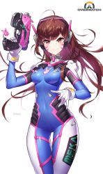Rule 34 | &gt;:), 1girl, acronym, ahoge, akamu, animal print, artist name, blue bodysuit, bodysuit, breasts, brown eyes, brown hair, blowing bubbles, charm (object), clothes writing, copyright name, covered navel, cowboy shot, d.va (overwatch), facepaint, facial mark, finger on trigger, gloves, gun, handgun, headphones, high collar, highres, long hair, looking at viewer, medium breasts, overwatch, overwatch 1, pilot suit, pink lips, pistol, rabbit print, ribbed bodysuit, shoulder pads, signature, simple background, skin tight, solo, swept bangs, v-shaped eyebrows, weapon, whisker markings, white background, white gloves