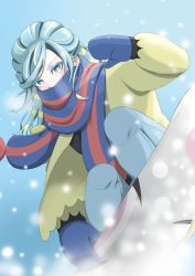 Rule 34 | 1boy, absurdres, aqua eyes, aqua hair, blue mittens, bright pupils, commentary request, creatures (company), day, floating scarf, game freak, grusha (pokemon), hand up, highres, holding, jacket, long hair, long sleeves, male focus, mittens, mochitaro (mothitaroo), nintendo, open clothes, open jacket, outdoors, pants, pokemon, pokemon sv, scarf, scarf over mouth, sky, snowboard, snowboarding, solo, white pupils, yellow jacket