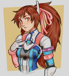 Rule 34 | 1girl, breasts, brown eyes, brown hair, commentary, ear covers, effy neprin, english commentary, gloves, hair ribbon, high ponytail, highres, long hair, looking at viewer, medium breasts, open mouth, pink ribbon, ponytail, ribbon, saionji reimi, simple background, sketch, solo, star ocean, star ocean the last hope, upper body, white gloves