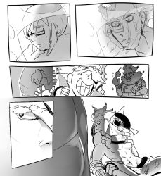 Rule 34 | 1boy, 1girl, artistic error, bad reflection, coat, comic, cosplay, eyebrows, glasses, greyscale, half-closed eyes, ice, imminent kiss, junkrat (overwatch), laughing, mei (overwatch), mei (overwatch) (cosplay), monochrome, mundal, overwatch, overwatch 1, reflection, silent comic, sitting, snowball, thick eyebrows, tongue, tongue out, topless, winter clothes, winter coat