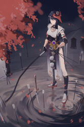 Rule 34 | 1girl, absurdres, arrow (projectile), bird mask, black bodysuit, black gloves, black hair, blurry, blurry foreground, bodysuit, bow (weapon), breast curtain, chromatic aberration, collarbone, commentary, full body, genshin impact, gloves, highres, holding, holding weapon, igawa hikaru, japanese clothes, jewelry, katana, kneehighs, kujou sara, looking to the side, mask, mask on head, petals, red mask, ring, short hair, socks, solo, standing, sword, tree, vambraces, wading, water, weapon, yellow eyes
